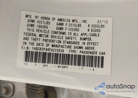 2015 Honda Accord Ex-L from USA, damaged, VIN 1HGCR2F86FA233638